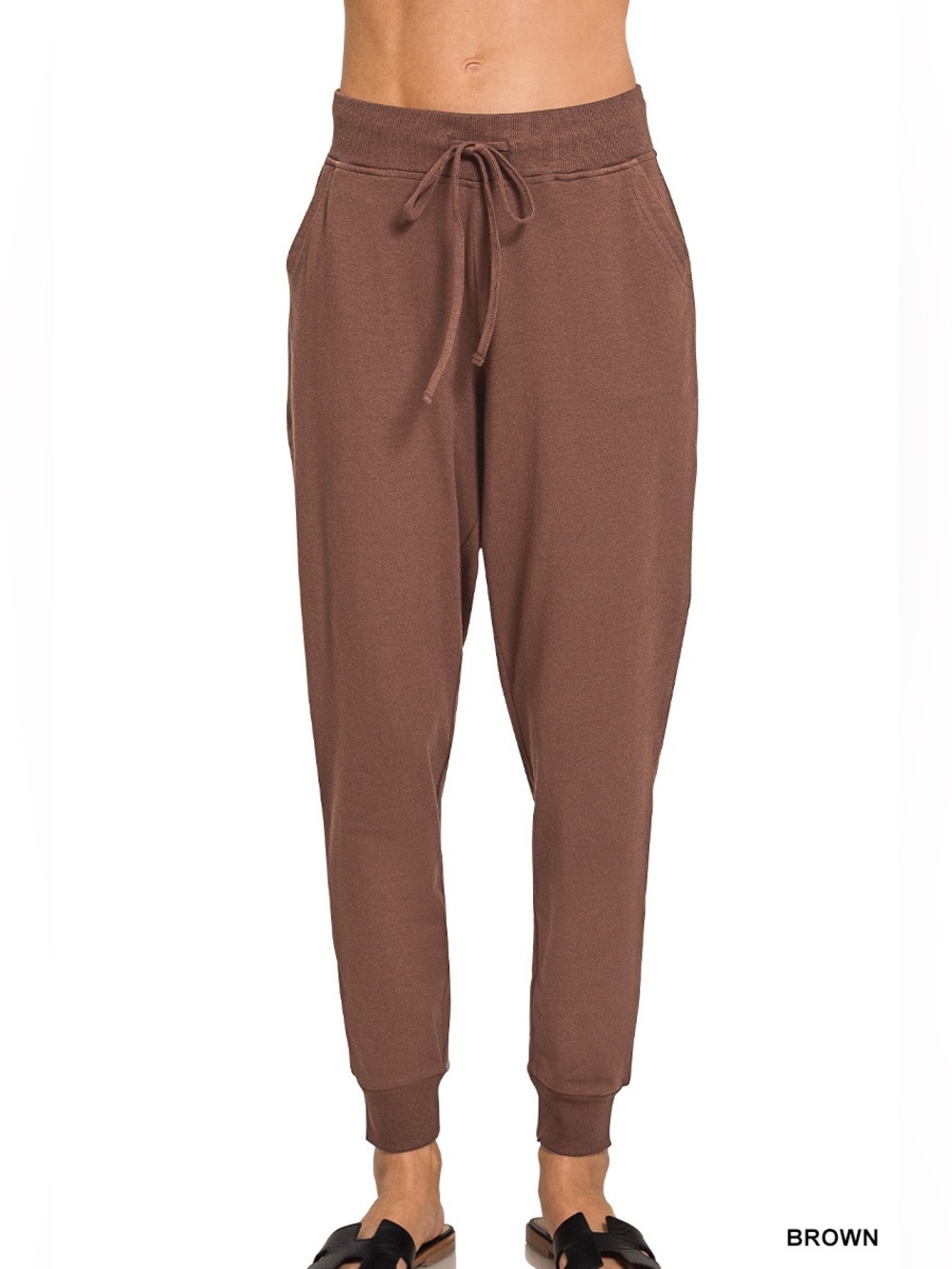 Zenana Outfitters Brown Drawstring Jogger Track Pants